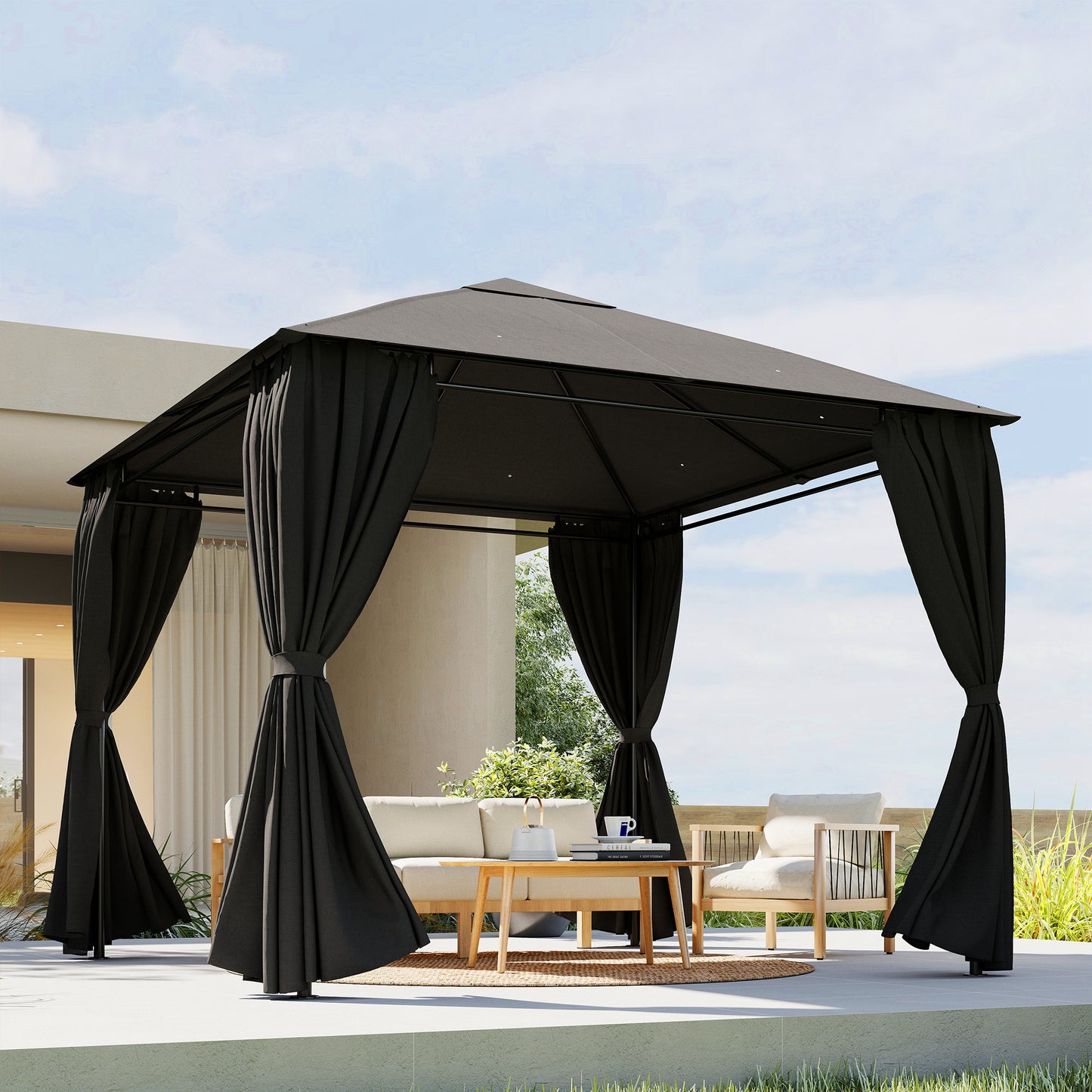 Set of 4 Replacement Gazebo Curtains Sidewalls | UPF30+ Polyester | Roll-Up Mesh Windows | Double-Sided Zip | O-Rings Included | Fits Most 3x3m Gazebos | 300x198cm | Dark Grey