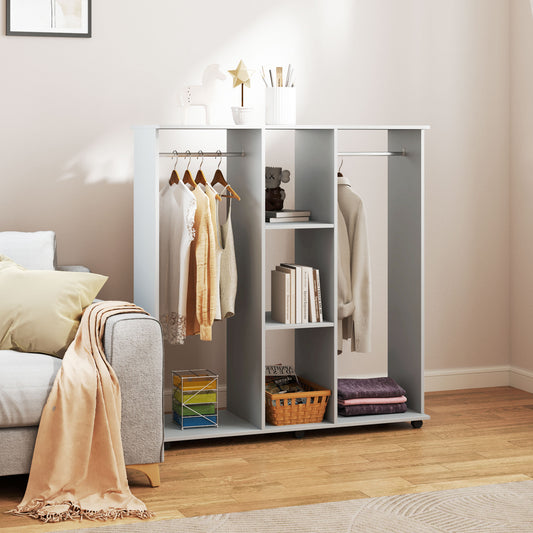 Double Open Wardrobe on Wheels, Bedroom Wardrobe with Clothes Hanging Rails, 3 Storage Shelves, Mobile Garment Rack for Cloakroom, Hallway, Grey
