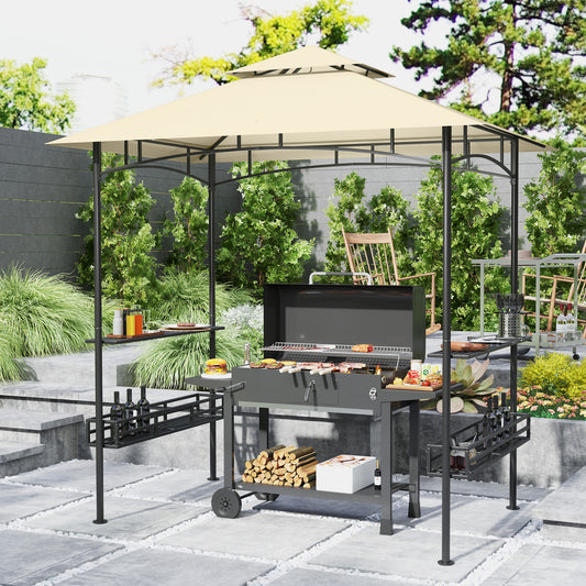 8' x 5' Grill Gazebo Canopy, Double Tiered Outdoor BBQ Gazebo Shelter with 2 Side Shelves, Storage Baskets, Hook for Garden