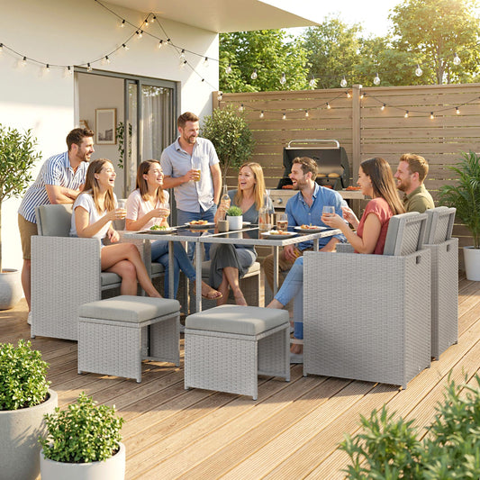 9 Piece Rattan Cube Garden Dining Set | 4 Armchairs | 4 Footstools | Tempered Glass Table 109x109x72cm | Thick Cushions | Washable Covers | PE Rattan & Metal Frame | Light Grey
