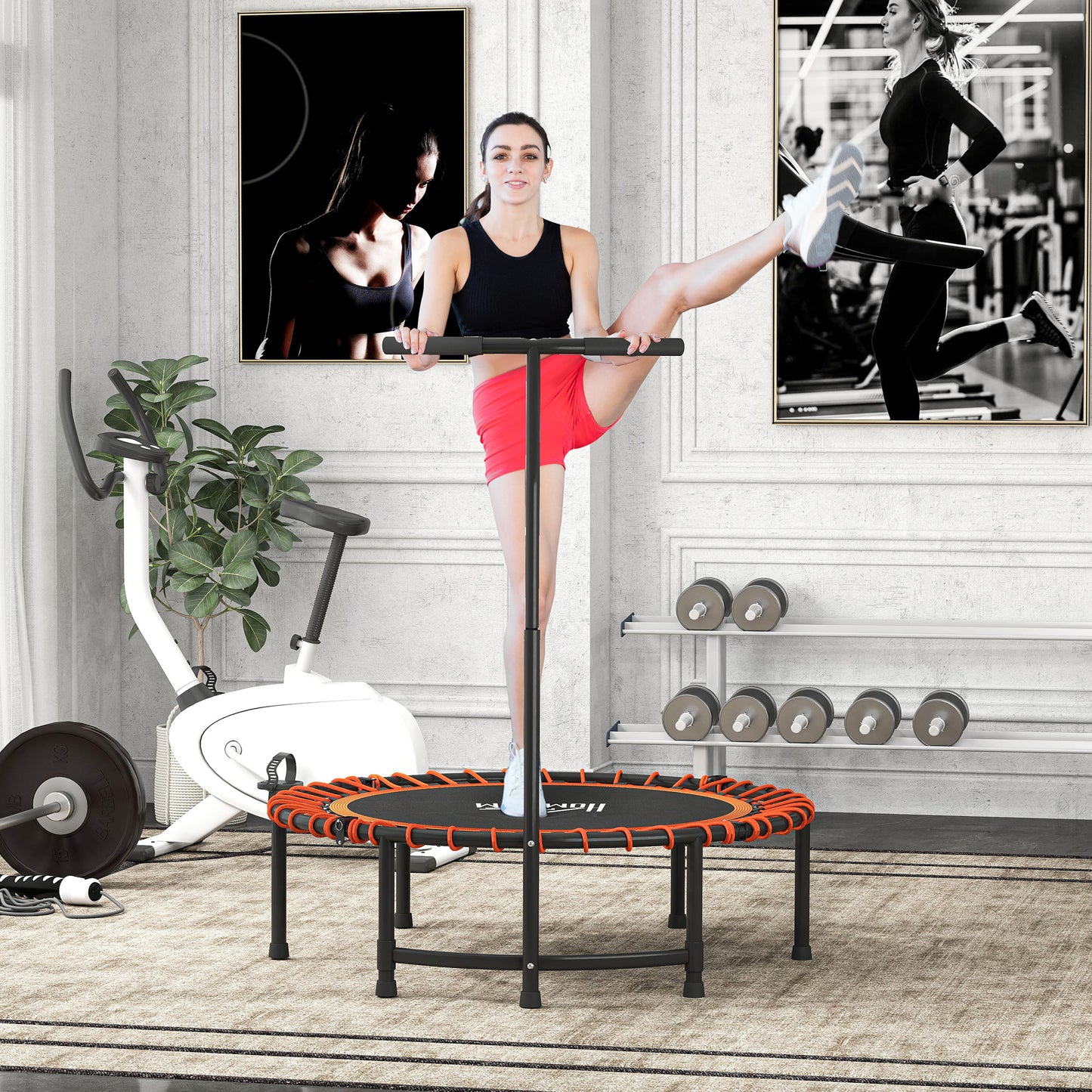 Mini Round Steel Frame Trampoline w/ Adjustable Handle, Orange / Green