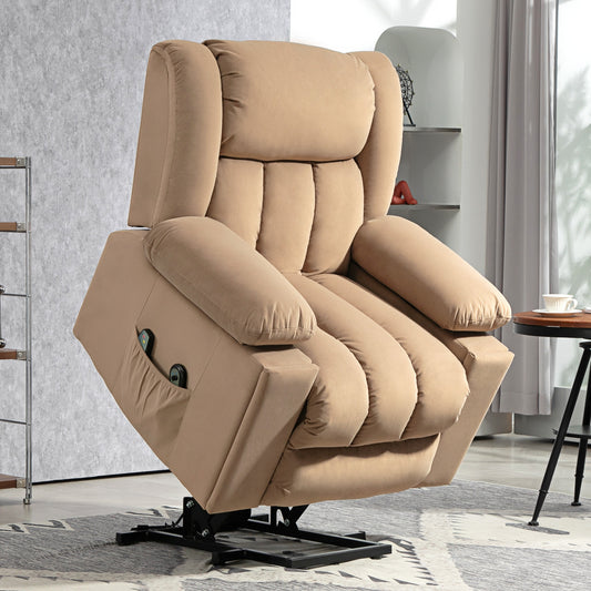 Power Lift Recliner Chair with Vibration Massage and Heat, Electric Lift Chair, Overstuffed Fabric Riser and Reclining Armchair - Light Brown