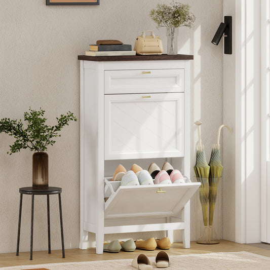 Farmhouse Narrow Shoe Cabinet | 2 Flip Drawers + Top Drawer | Gold Handles | White | 108.5cm
