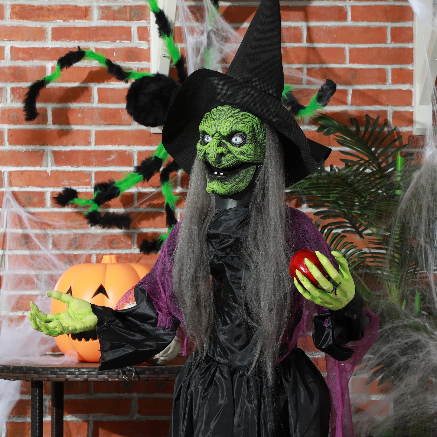 180 cm Life Size Halloween Animated Standing Witch, Spooky Witch with Glowing LED Eyes, Battery Operated