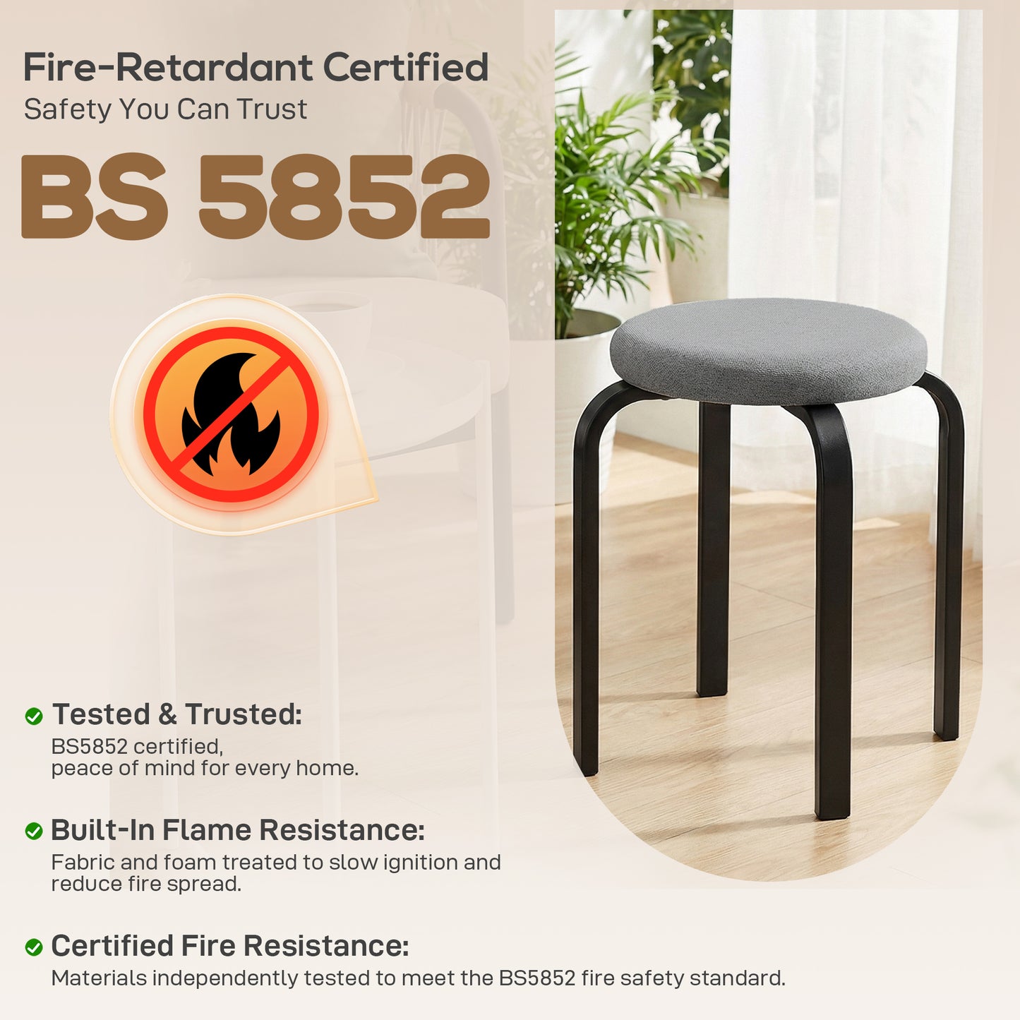Set of 4 Stackable Cushioned Round Stools | 4cm Foam Seat | Powder-Coated Steel Legs | 120kg Capacity | BS5852 Fire Safety Certified | No Assembly | 40x40x45cm | Dark Grey