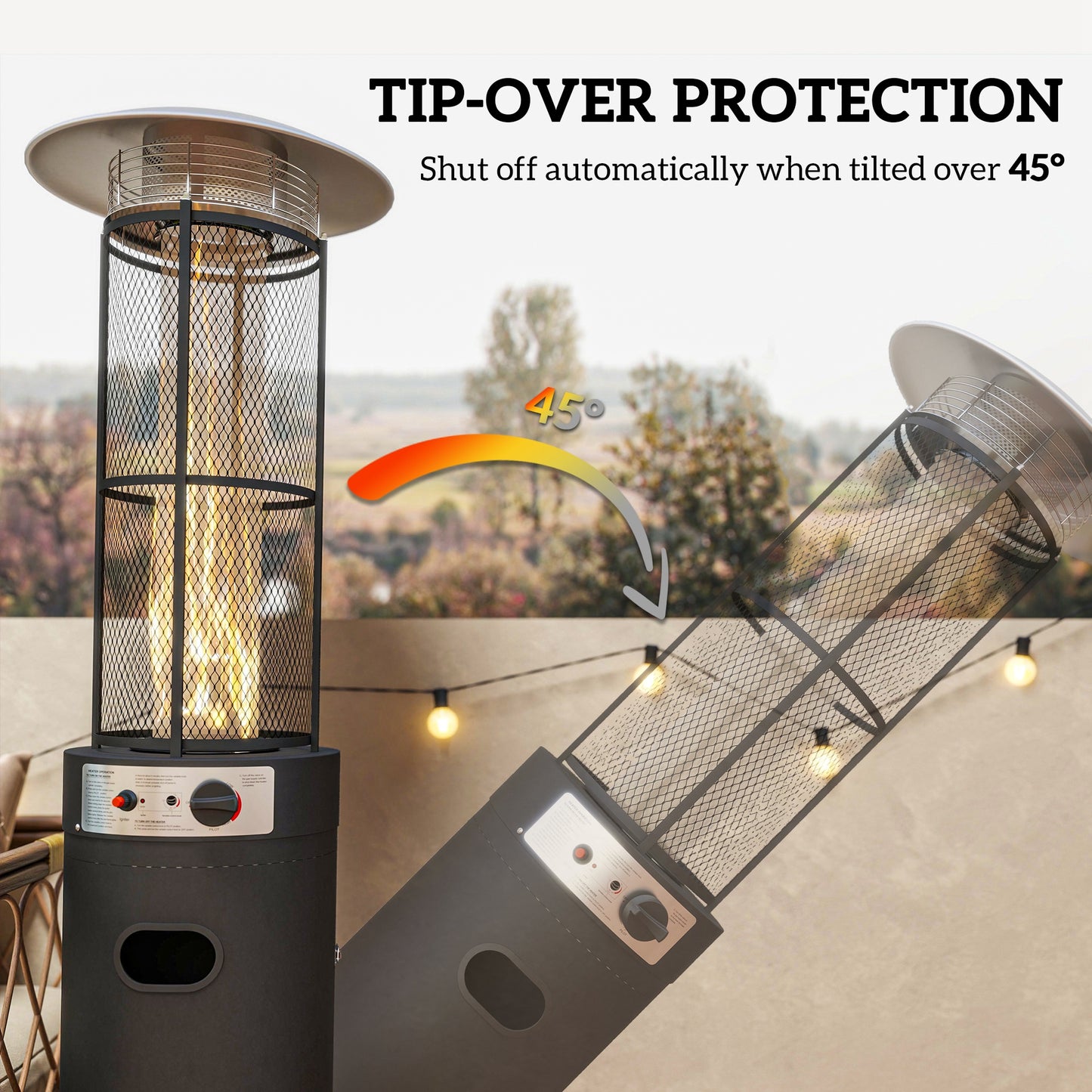 11 KW Freestanding Gas Patio Heater, Adjustable Outdoor Garden Propane Heater with Tip-Over Switch, Wheels, Pulse Ignition, Tank Room with Door