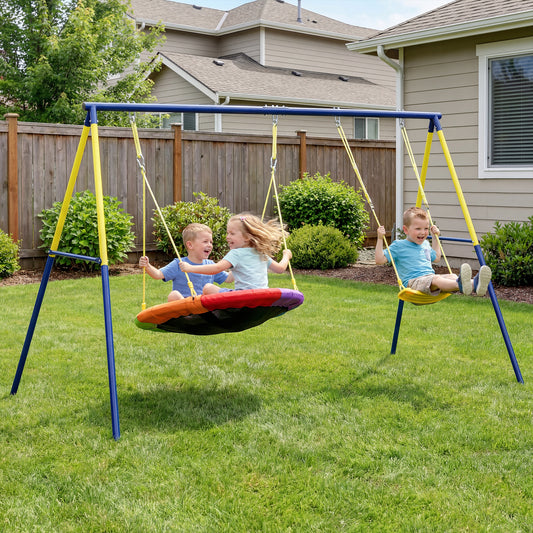 Kids Swing Set with Saucer Nest Swing & Belt Swing β 150kg Capacity, Adjustable Ropes, Steel A-Frame, Ground Stakes, EN71 Tested, Ages 3β8