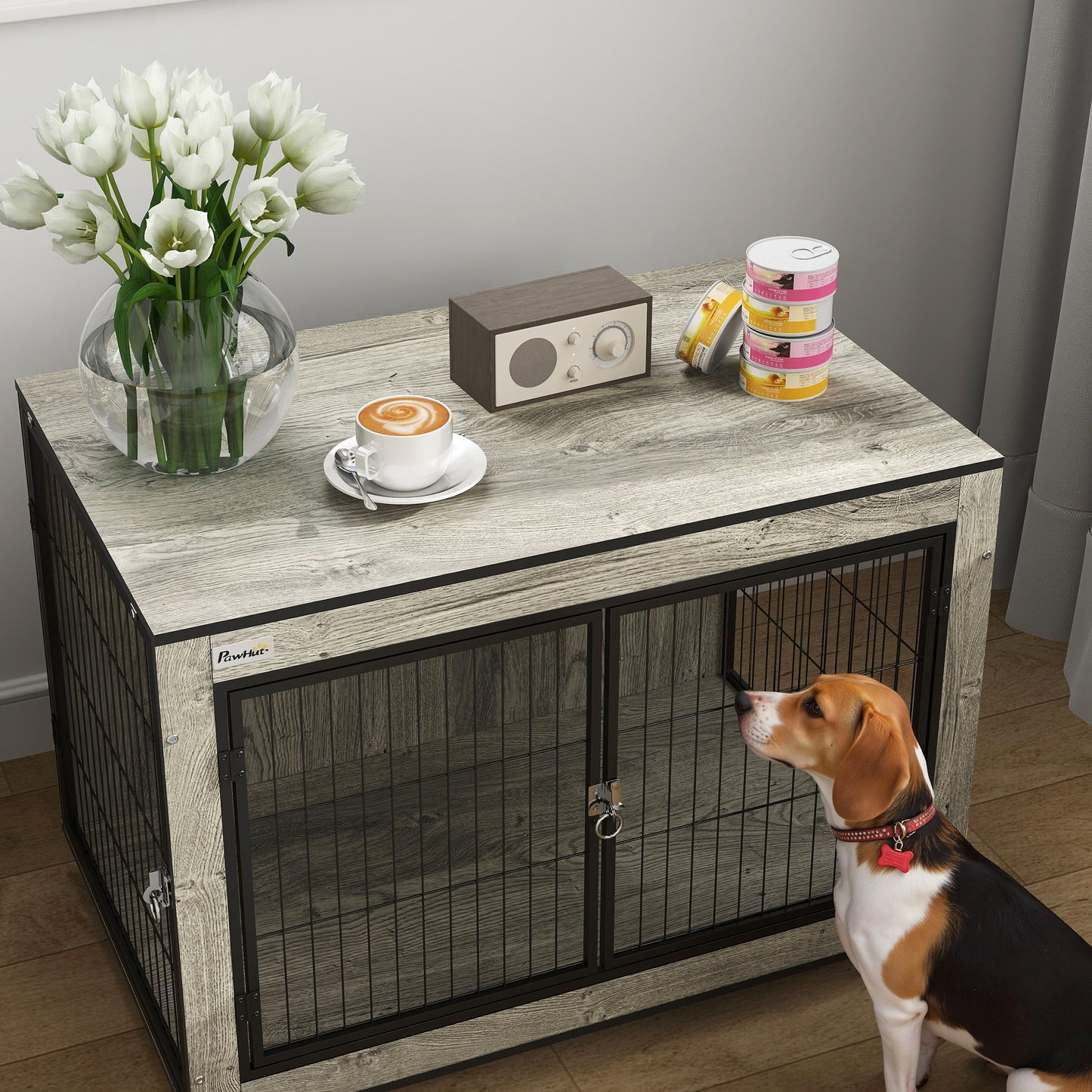 Dog Crate Furniture Side Table with Wheels | Double Doors | Interchangeable Side Door | Medium Dogs up to 20kg | 80 x 56 x 62.5cm | Grey