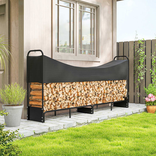 8.5ft Firewood Rack, Heavy Duty Log Storage Holder with Waterproof 600D Oxford Log Cover for Fireplace Fire Pits Outdoor Patio Wood Storage, 300 kg Large Capacity, Black