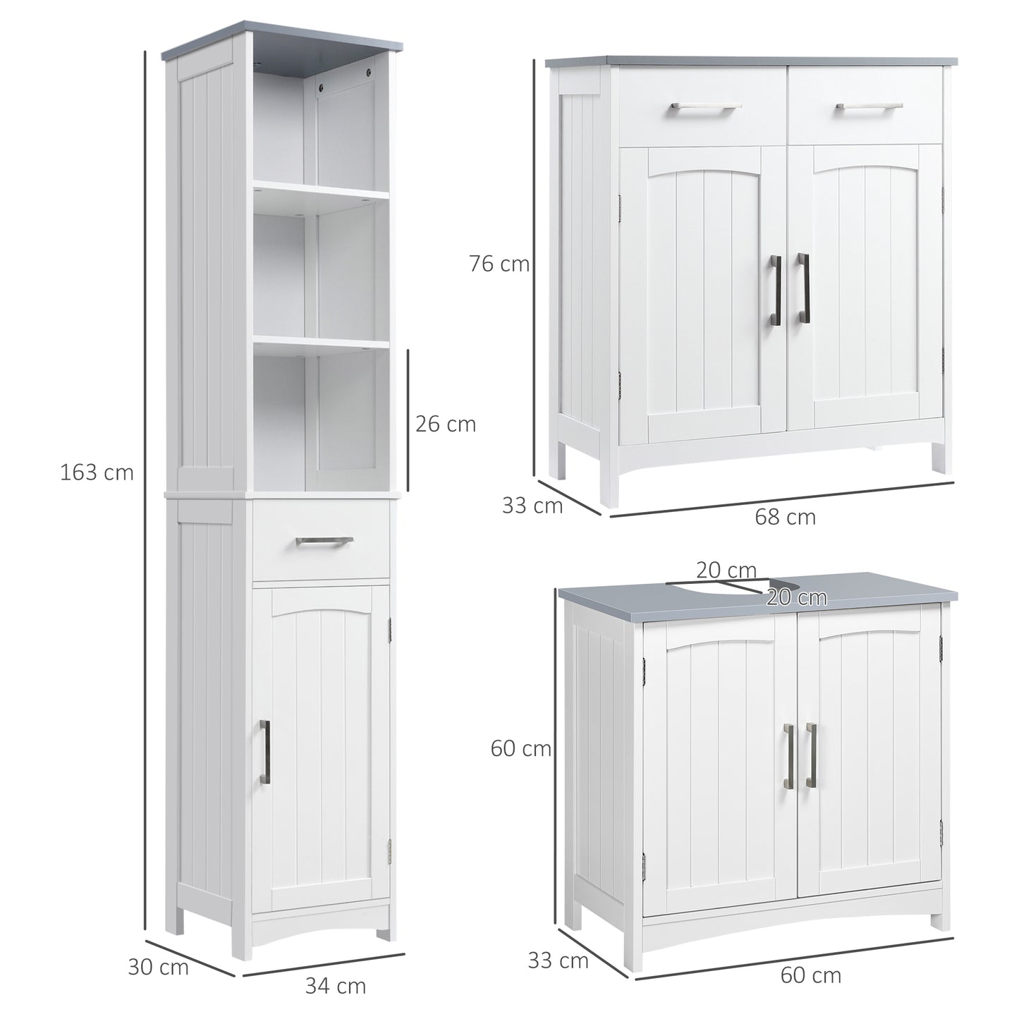Kleankin Bathroom Furniture Set with Adjustable Shelves, Tall Bathroom Storage Cabinet with Open Shelves, Bathroom Floor Cabinet with Drawers, Pedestal Sink Cabinet, White