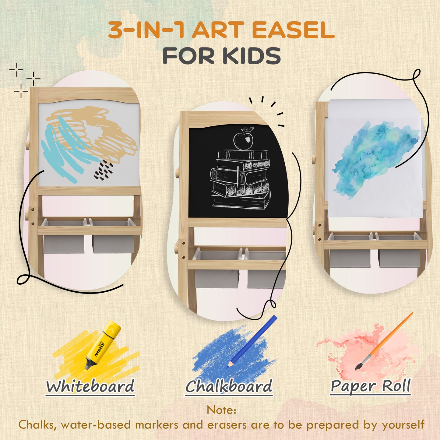 Kids Easel W/ Paper Roll, 3 in 1 Art Easel for Toddlers, Double-Sided Kids Whiteboard Blackboard with Storage Baskets for Ages 3-6 Years