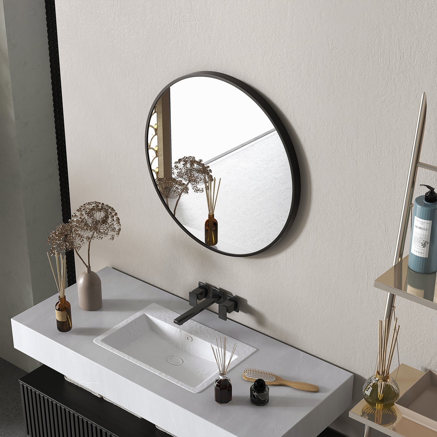 Round Bathroom Mirror, Modern Wall-mounted Vanity Mirror with Aluminium Frame and Easy Install Hook for Living Room, Entryway, 70 x 70cm, Black