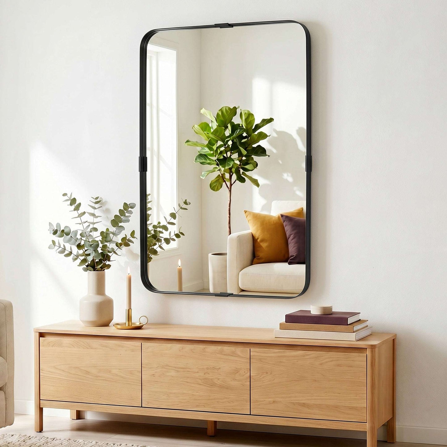 Rectangular Wall Mirror | Shatterproof Tempered Glass | Anodised Aluminium Alloy Frame | 4cm Deep 3D Effect | Soft Rounded Corners | No Assembly | 60x4x90cm | Black