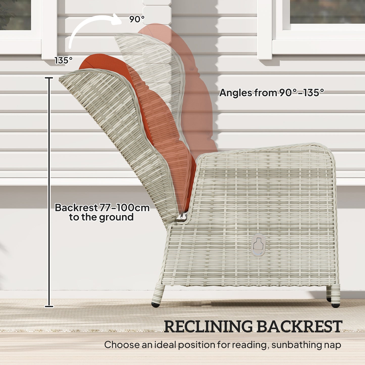 Outsunny 5 Pieces Rattan Bistro Set with Adjustable Back, Reclining Wicker Balcony Furniture with Cushions, Glass Top Coffee Table, Orange