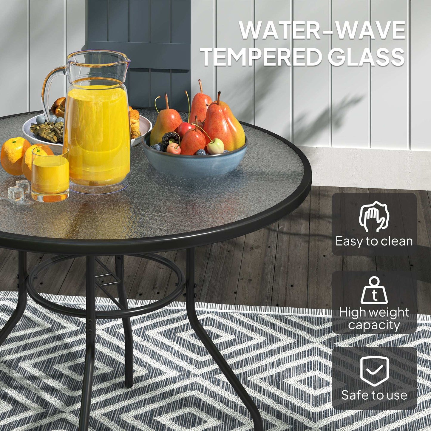 Outsunny 100 cm Round Dining Table with Parasol Hole, Outdoor Tempered Glass Top, Steel Frame for Garden, Black
