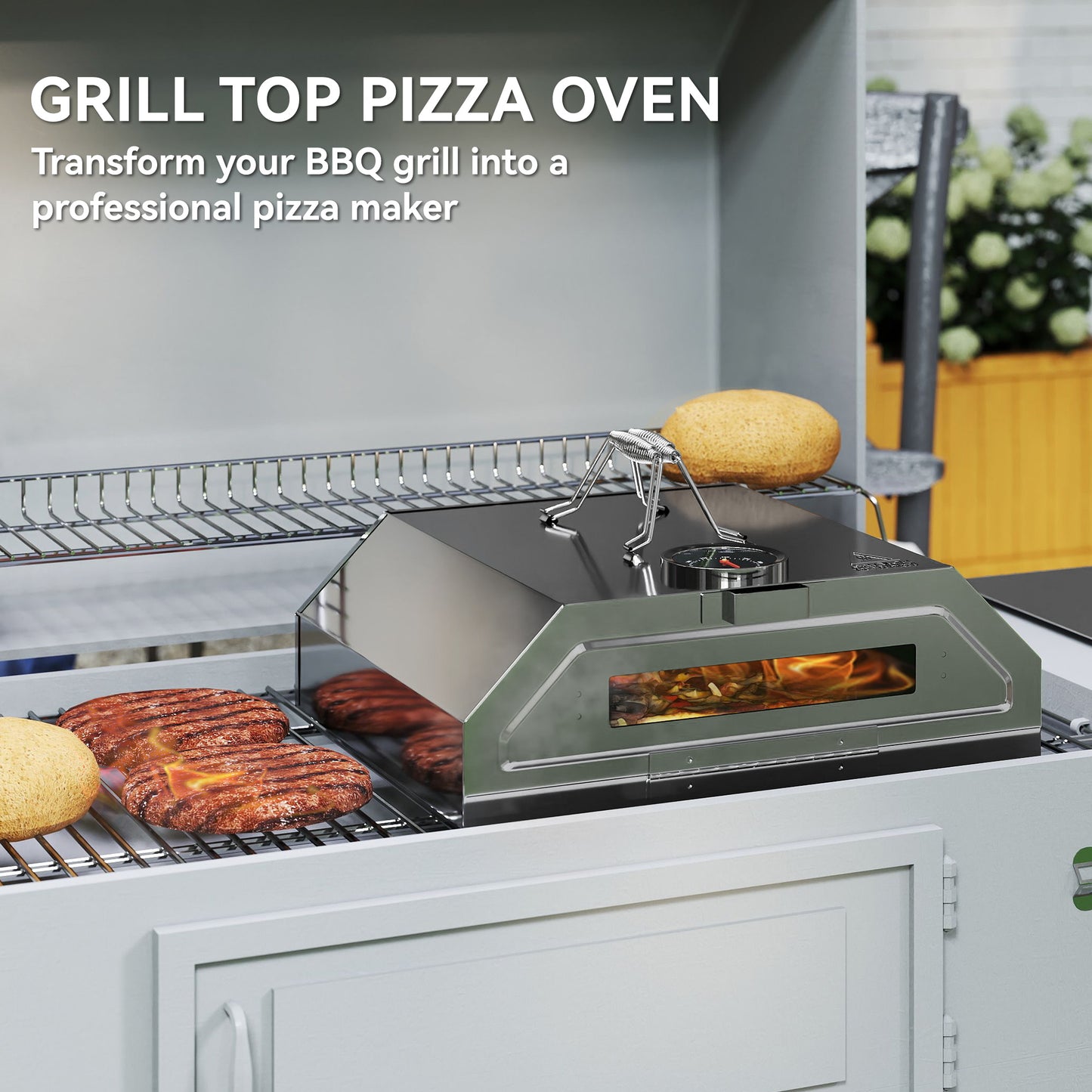 Portable Stainless Steel BBQ Grill Top Pizza Oven with Built-in Thermometer and Viewing Window for Gas and Charcoal BBQ Grills