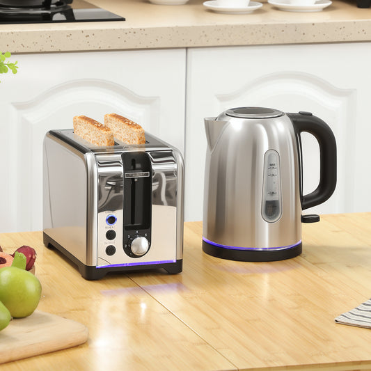Simple Polished Toaster and Kettle Set - Silver Tone / Black Tone