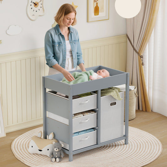 AIYAPLAY Baby Changing Unit with 4 Storage Drawers, Mat for Bedroom Nursery, 84 x 84.5 cm, Grey / White