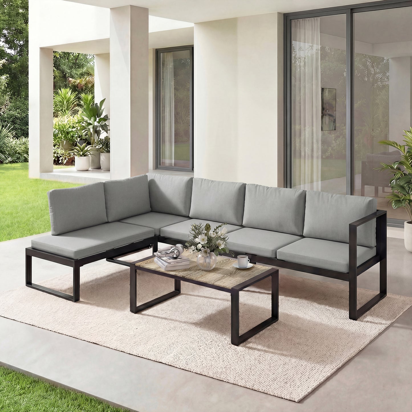 4-Piece L-Shape Garden Sofa Set | 2 Loveseats | Armless Chair | Coffee Table | Texteline Mesh | 10cm Seat & 16cm Back Cushions | 240kg | Dark Grey