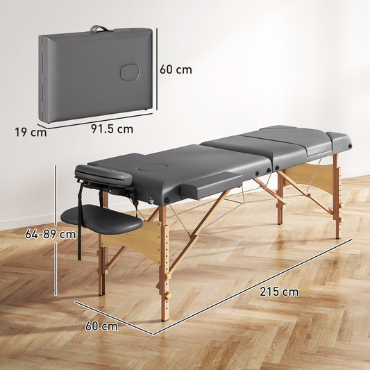 Foldable Massage Table with Beech Wood Legs - Grey / Black