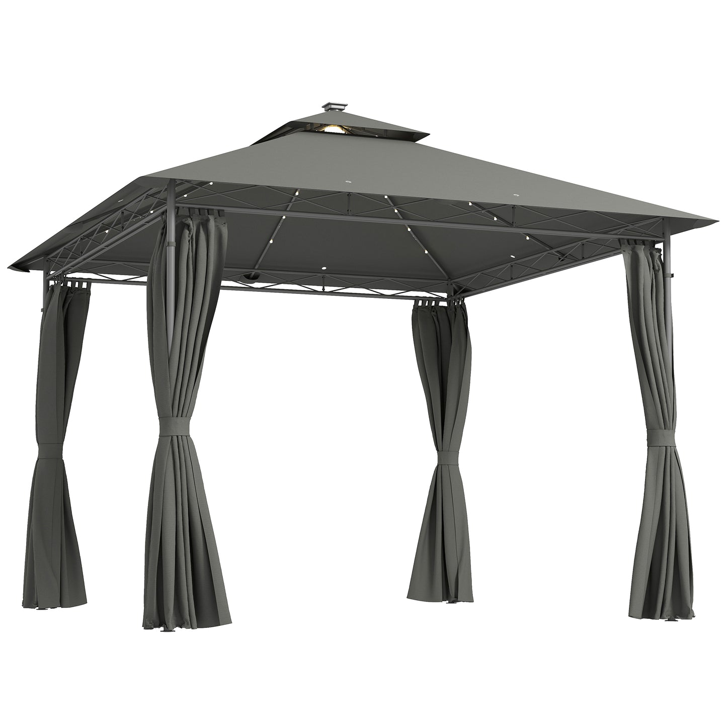 3 x 3 m Garden Gazebo, Double Roof Metal Gazebo with Curtains and Solar-Powered LED Lights, Outdoor Gazebo Canopy Shelter for Patio, Deck