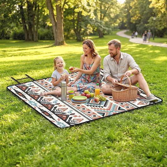 200x200cm Picnic Blanket & Beach Mat | Water-Repellent Oxford Base | 1cm Padding | Integrated Strap | 3-4 People | Mix-Colour