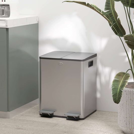 2 x 20L Pedal Bin, Steel Dual Kitchen Bin with Soft Close Lid, Removable Inner Buckets, Fingerprint-Proof, Silver