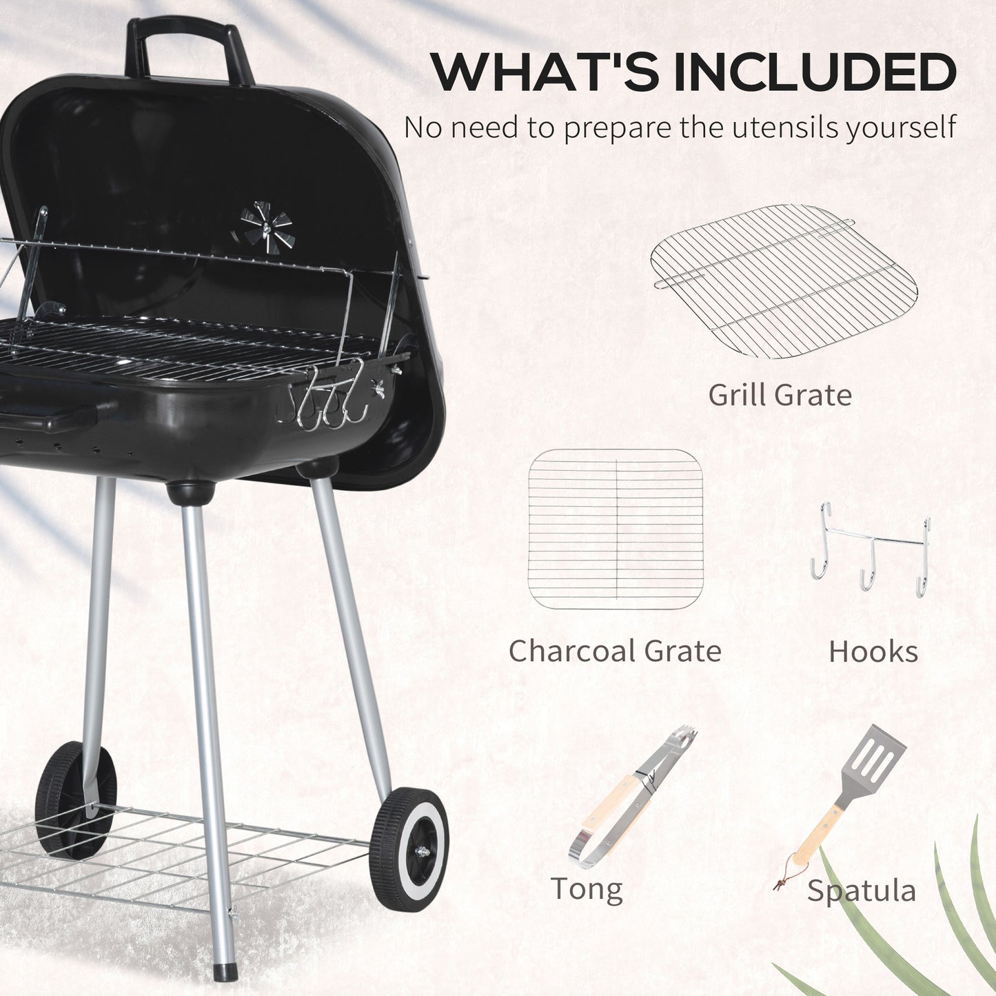 Outsunny Portable BBQ Charcoal Grill with 2 Wheels and Cooking Utensils, Smoker Grill with Lid for Outdoor Barbecues, Camping, Picnic