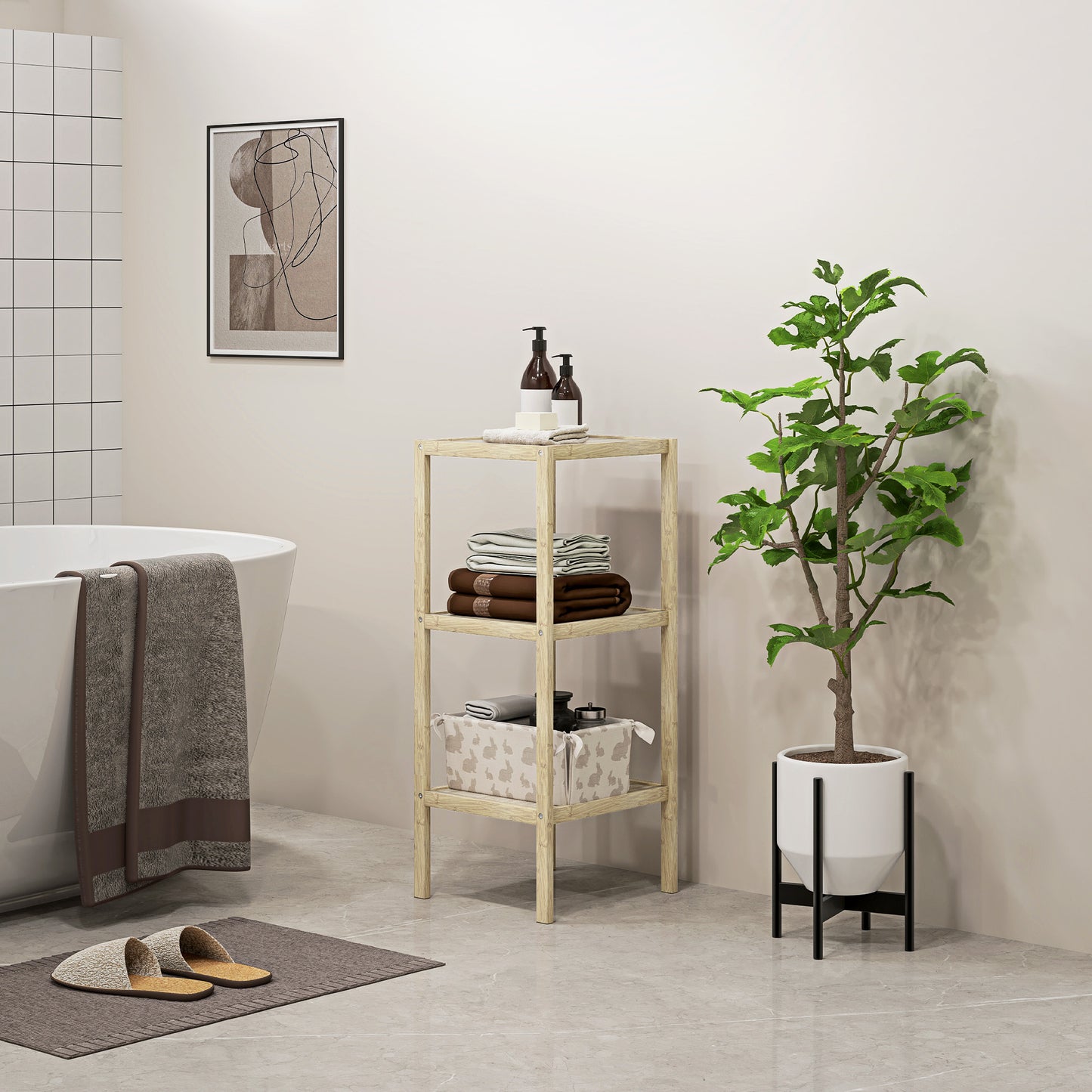 3-Tier Bamboo Bathroom Storage Shelves, Freestanding Storage Shelving Unit, Multifunctional Display Plants Stand Shelf Rack Organiser, Natural