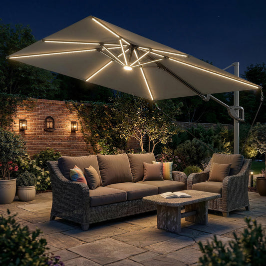 3 x 3m Cantilever Garden Parasol | Solar LED Lights | UPF50+ | 360° Rotation | Dark Grey
