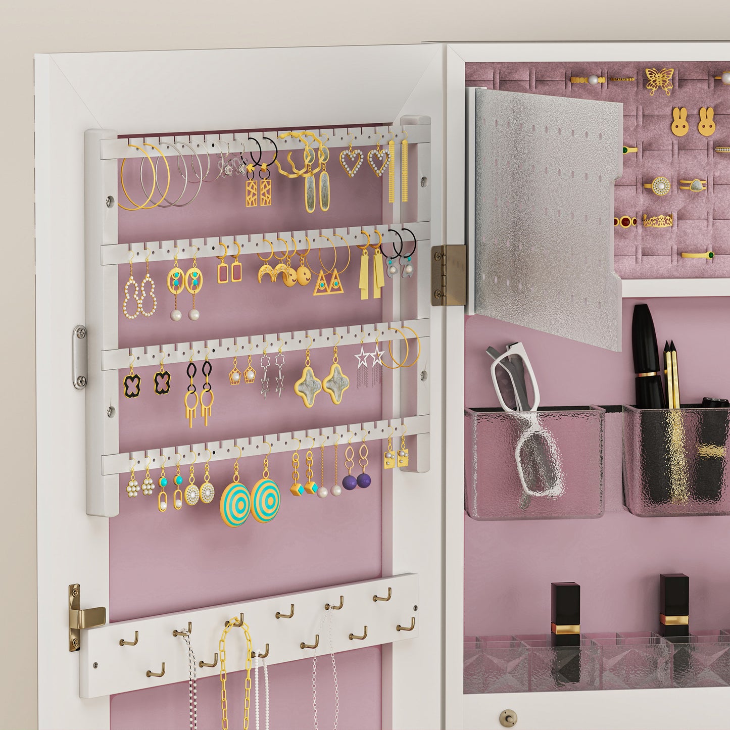 108 x 37cm Lockable Jewellery Cabinet, with LED Lights - White Surface and Pink Lining
