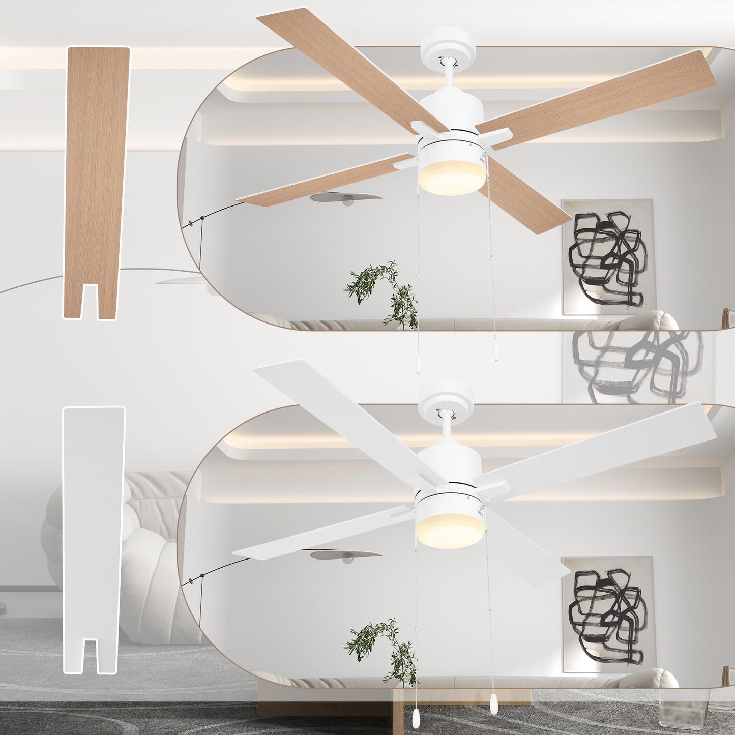 Ceiling Fan with LED Light, Flush Mount Ceiling Fan Lights with Reversible Blades, Pull-chain, White and Natural Tone