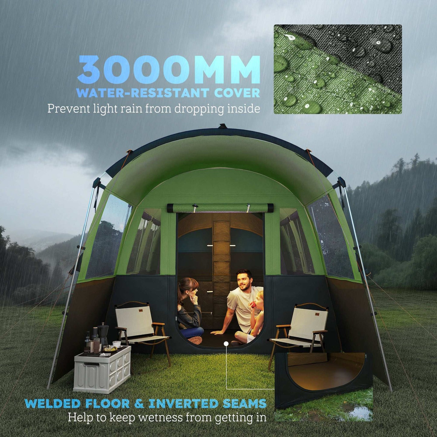 8-Person Camping Tent, Waterproof Family Tent, Tunnel Design, 4 Large Windows, Sleeping Cabins 3000mm Water Column Green - Blue