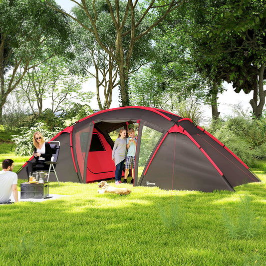 4-6 Man Family Camping Tent w/ 2 Bedrooms and a Living Room, Waterproof Tunnel Tent w/ Sewn In Groundsheet, Doors, Windows, Bag