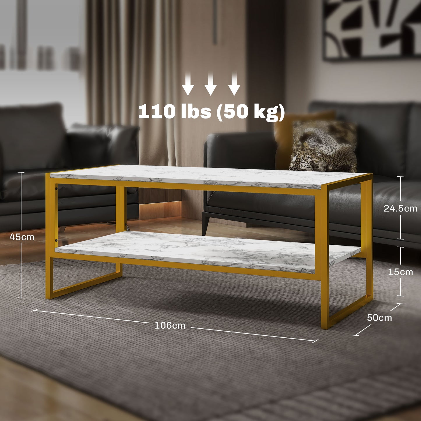 Two-Tier Coffee Table, Modern Marble Effect Center Table with Storage Shelf and Metal Frame, Tea Table for Living Room, White