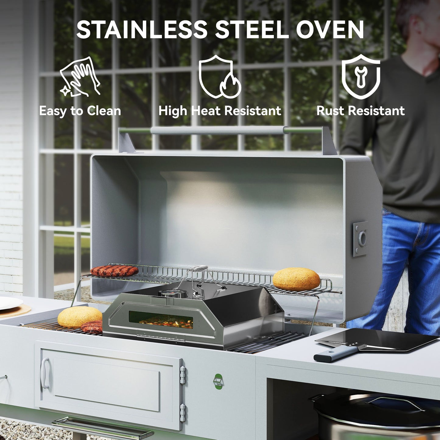 Portable Stainless Steel BBQ Grill Top Pizza Oven with Built-in Thermometer and Viewing Window for Gas and Charcoal BBQ Grills