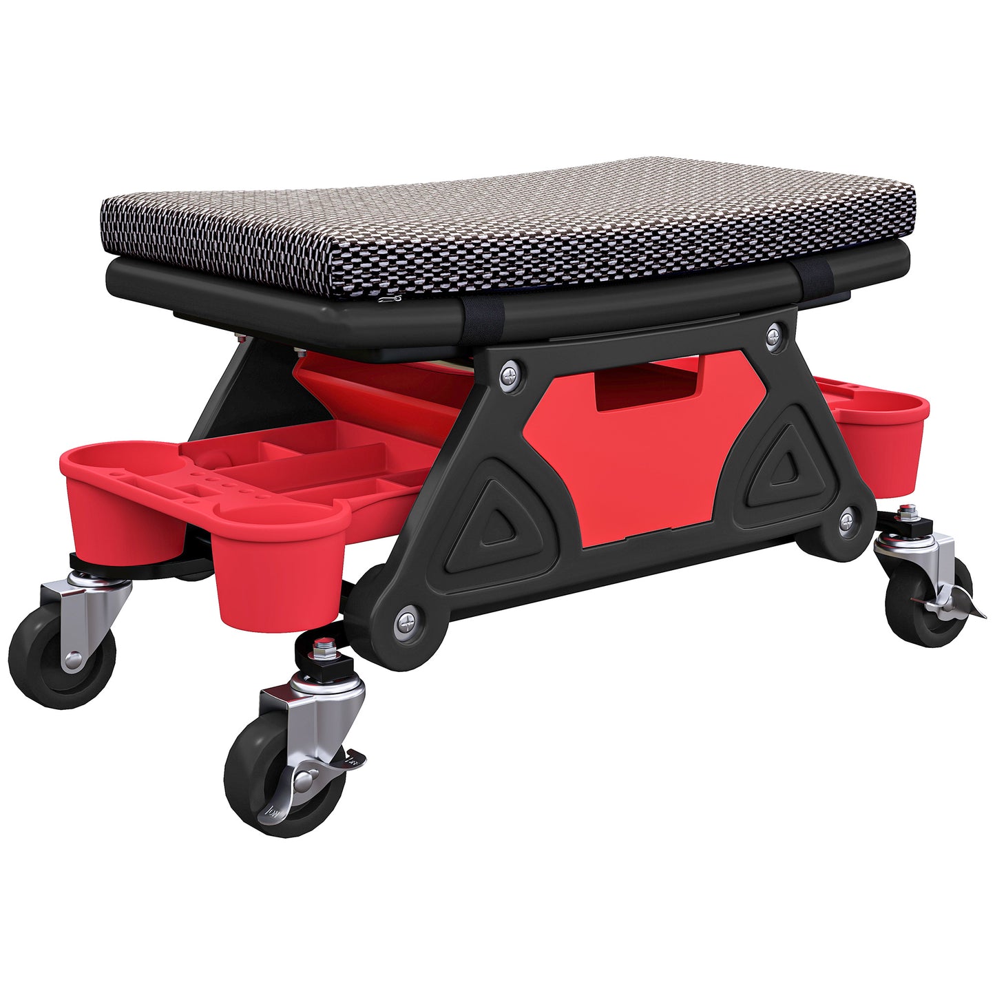 Rolling Mechanic Stool, 135kg Capacity Workshop Stool with 360° Swivel Wheels, Roller Creeper Seat with Slide Out Tool Trays, Drawer, Bottle Holders for Garage, Shop, Auto Repair