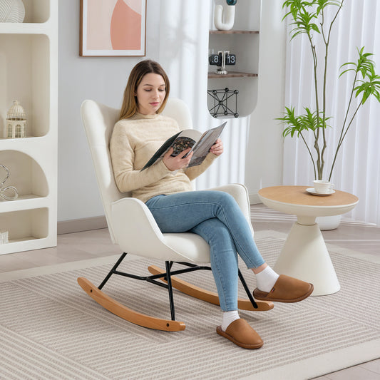 Rocking Chair, Modern Upholstered Velvet Armchair with Solid Wood Legs and Metal Frame, Cream