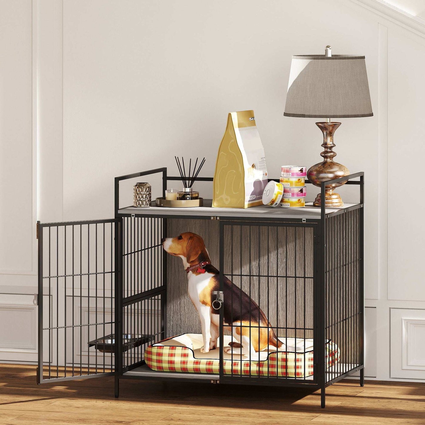 PawHut Dog Crate Furniture with Rotating Bowl Holder, 2 Bowls, 2 Doors, for Medium Dogs, 80 x 56 x 76.5 cm, Grey
