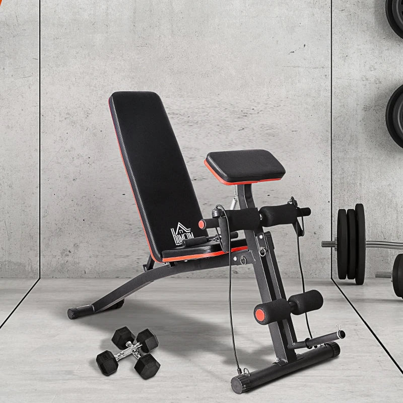 Adjustable Weight Bench & Dumbbell Set | 7-Level Backrest | 2x4kg Hex Dumbbells | Rope & Spring | Foldable | EVA Pad | 120kg | 160x54x106cm | Black & Red