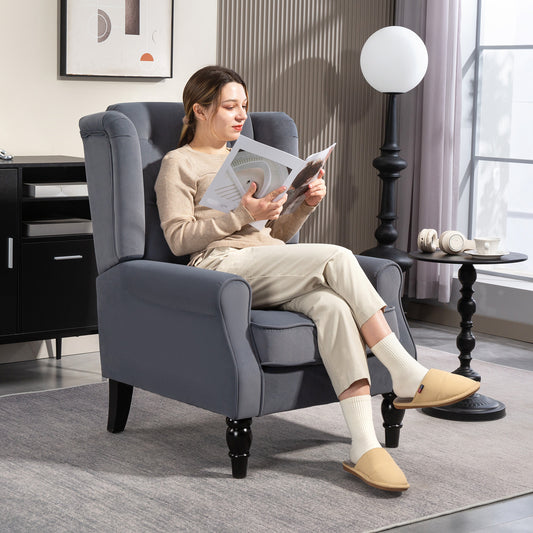 Wingback Accent Chair, Retro Vintage Style Upholstered Button Tufted Occasional Chair for Living Room and Bedroom, Grey