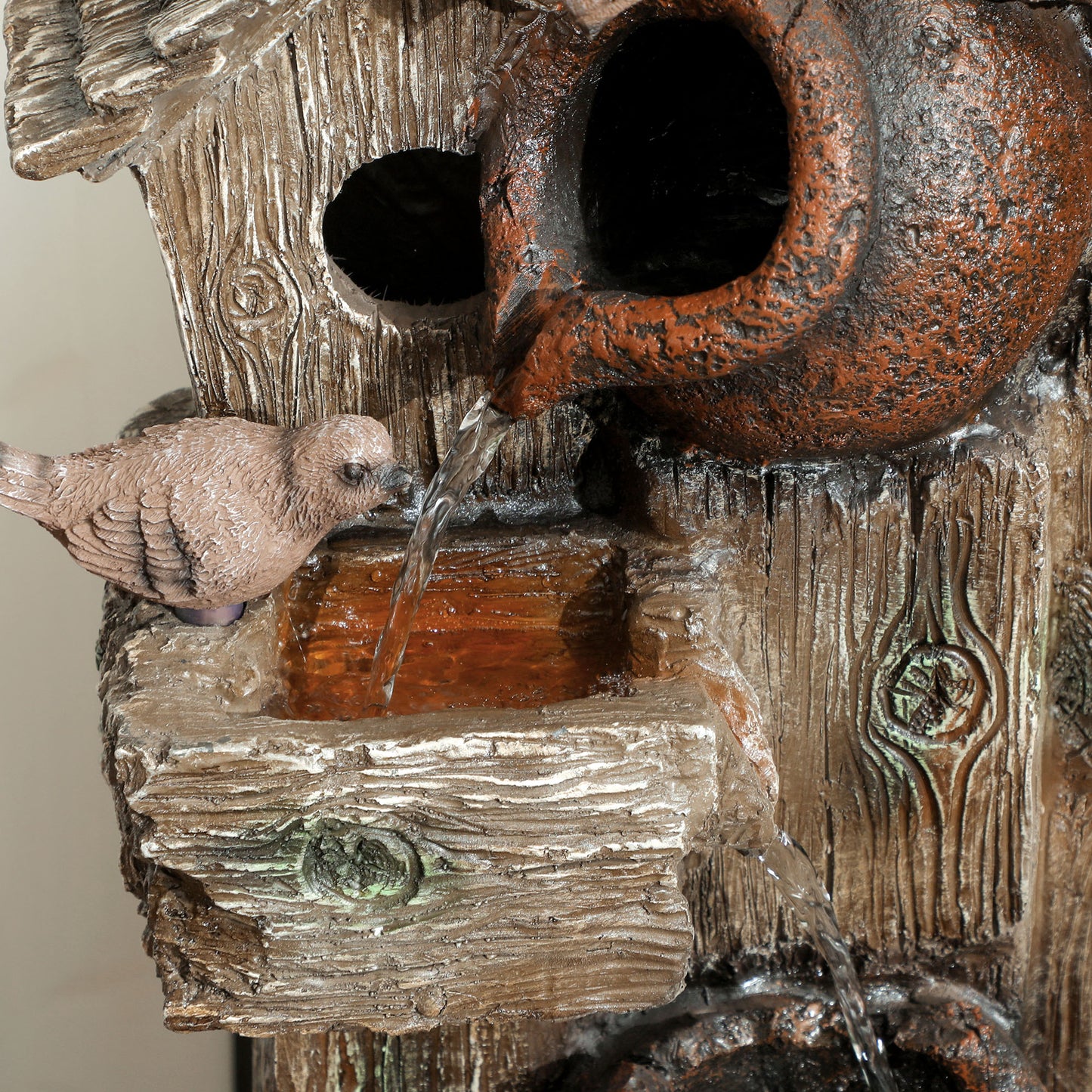 2-in-1 Waterfall Fountain with Birdhouse, Resin Garden Water Fountain with LED Lights Pump, Cascading Garden Water Feature with Tree Trunk Design