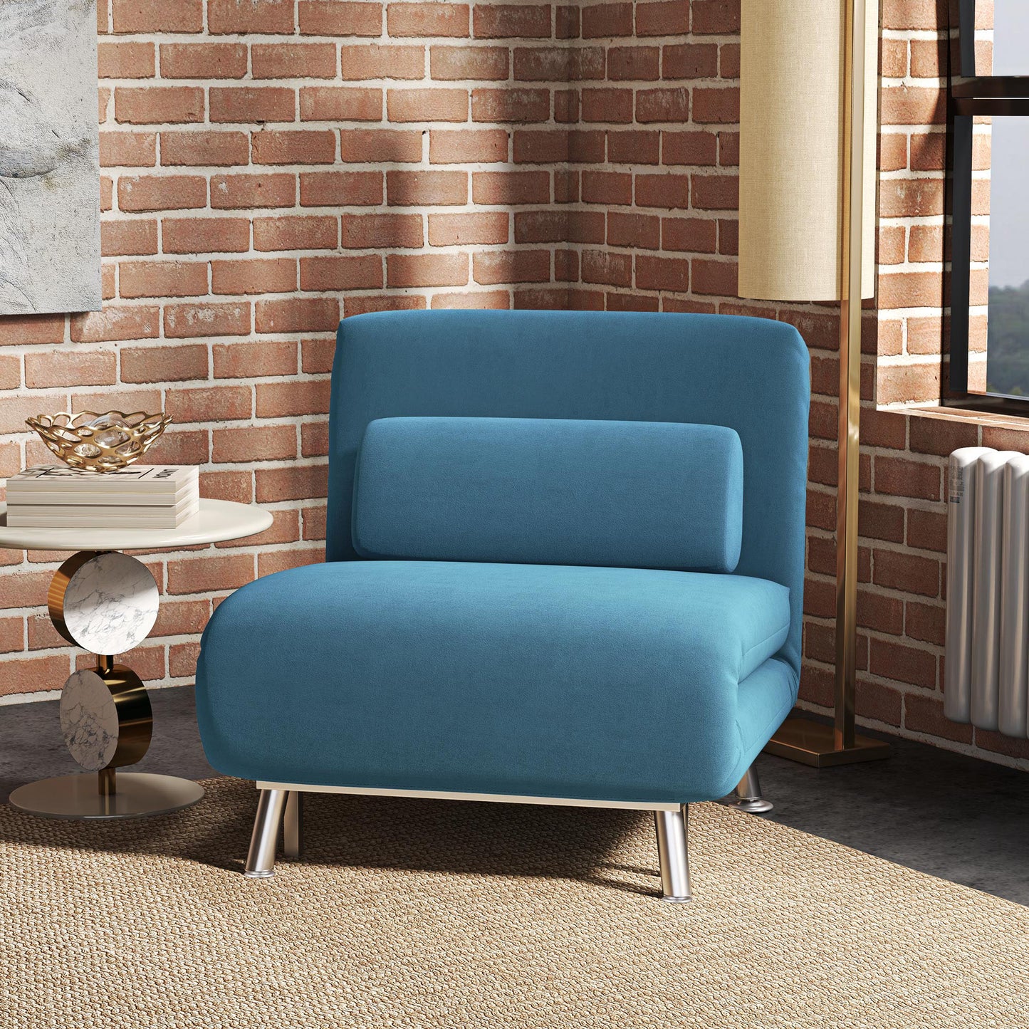 Single Sofa Bed, 1 Person Sleeper Foldable Lounge with Pillow, Blue