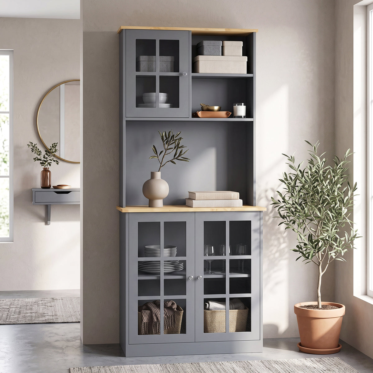 Kitchen Pantry Storage Cabinet | Grey & Oak Buffet Hutch with 3 Cabinets, Adjustable Shelf, 2 Open Shelves & Countertop | 80 x 37 x 183 cm