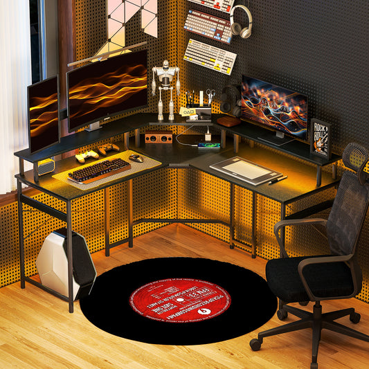 L Shaped Work Computer Desk, with LED Lights - Black