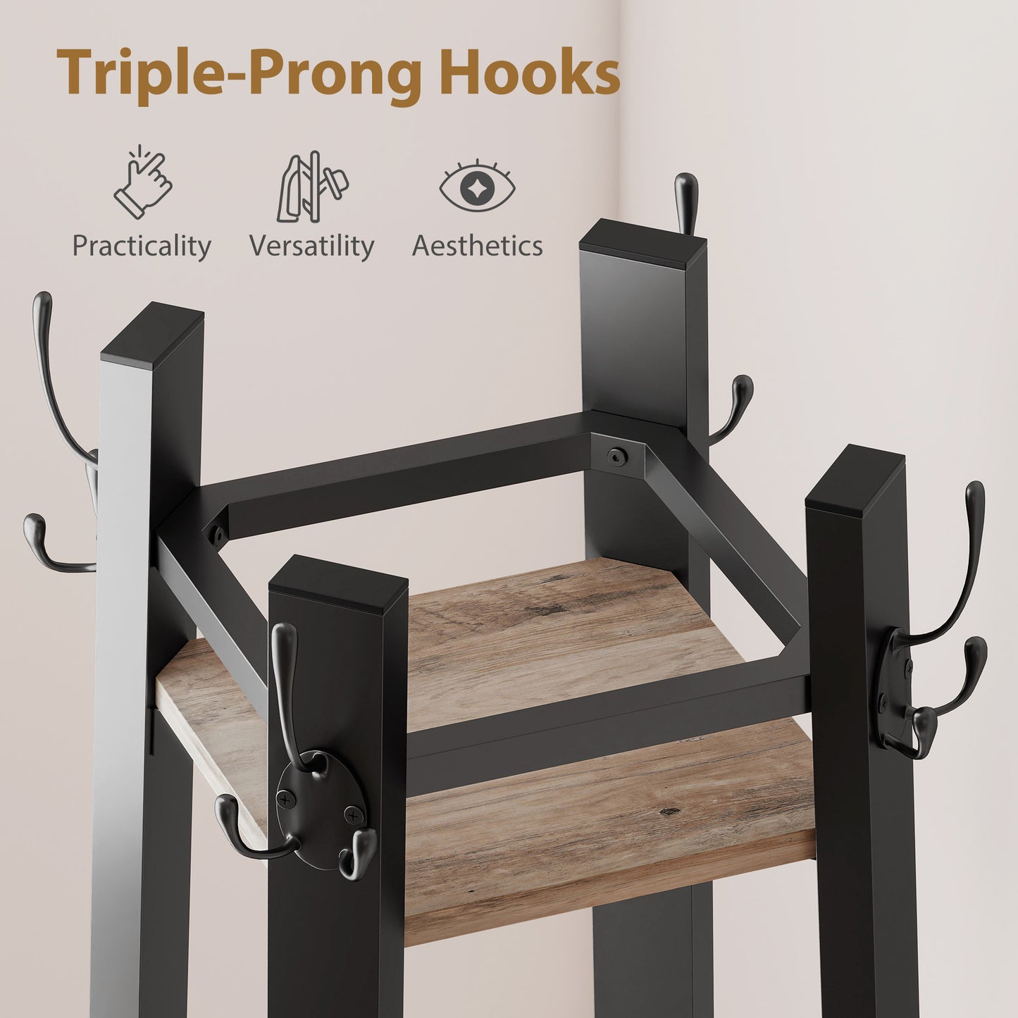 Industrial Coat Stand with 8 Hooks and 4 Shelves - Grey / Rustic Brown