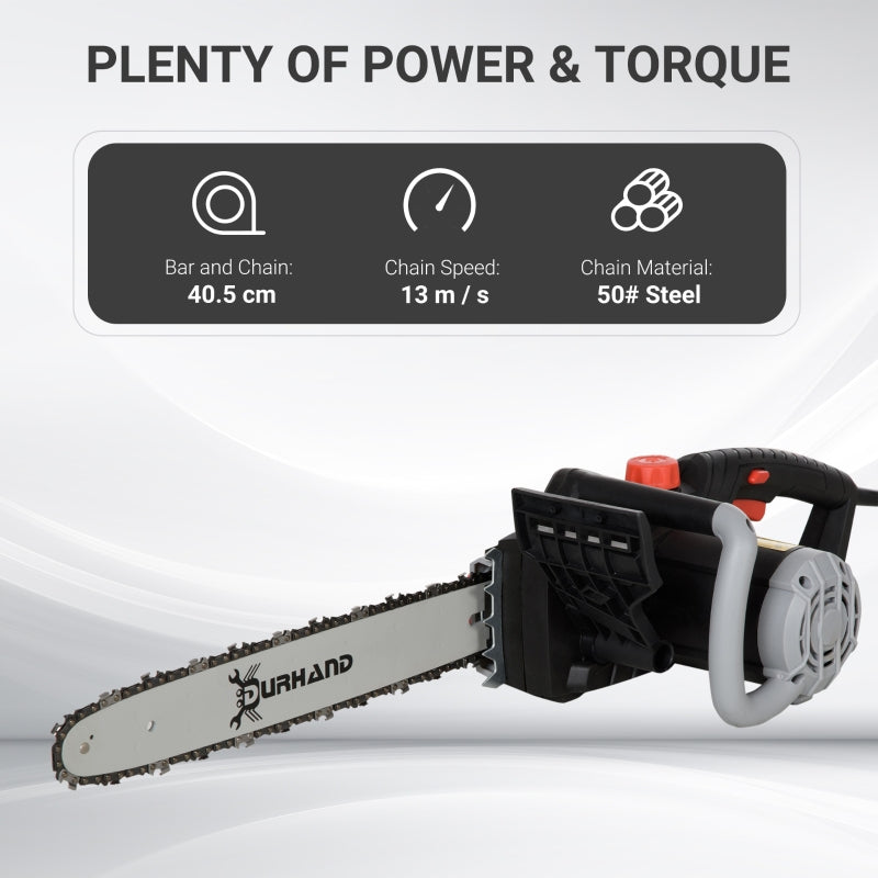 DURHAND 1600W Electric Chainsaw with Double Brake, Tool-Free Chain Tensioning and 40cm Guide Bar and Chain, Power Saw to Cut Wood, Auto Chain Lubrication