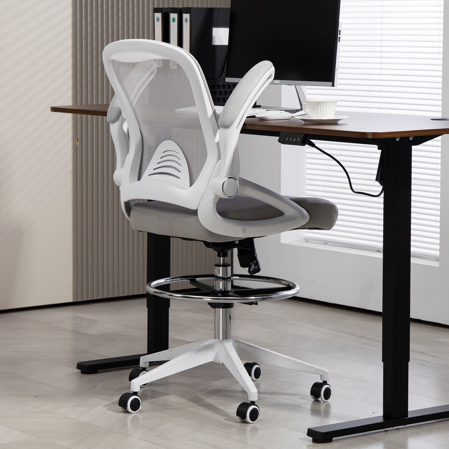 Drafting Chair for Standing Desk | Mesh Back | Foam Seat | Flip-Up Armrests | Foot Ring | 360° Swivel | Height Adjustable 106-126cm | 120kg | Light Grey