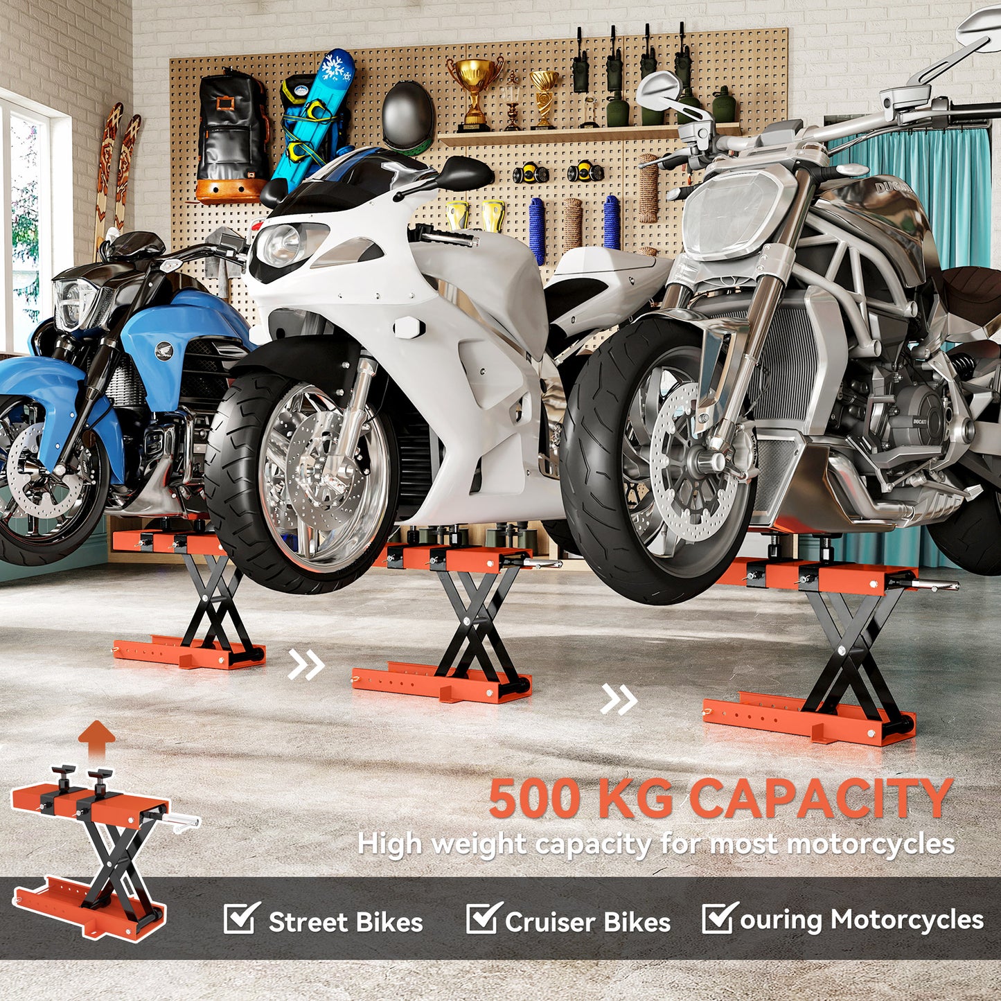 500 kg Motorcycle Scissor Lift Jack, Heavy Duty Steel Adjustable Motorbike Lifting Hoist Stand with Safety Pin, Foldable Lifter for Dirt Bike Repair Maintenance