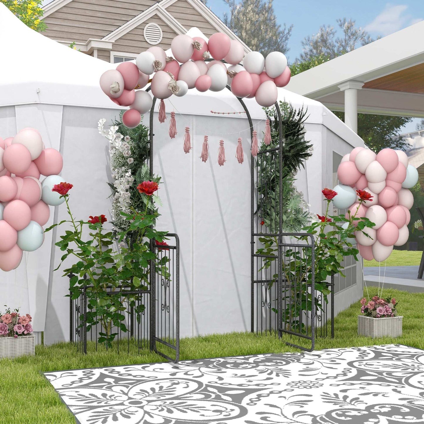 Outsunny Metal Garden Arbor Arch with Double Doors, 2 Side Planter Baskets, Climbing Vine Frame, Black